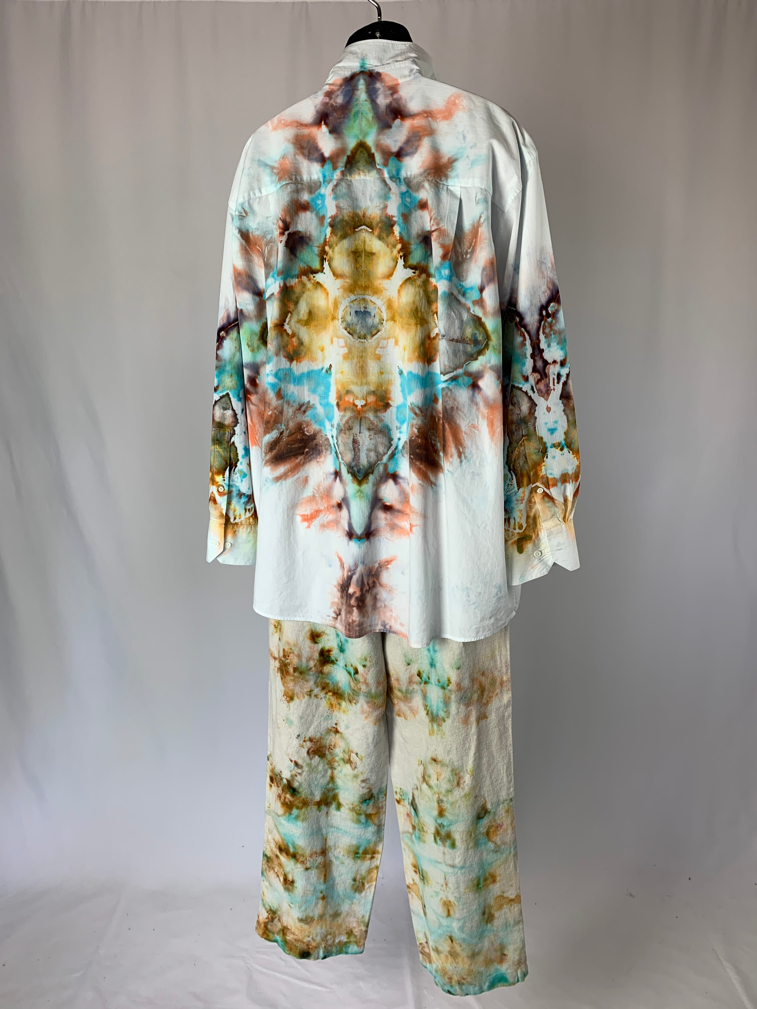 Bronze and Blue Pastel Fractals | Upcycled wide leg pants | Size XXS