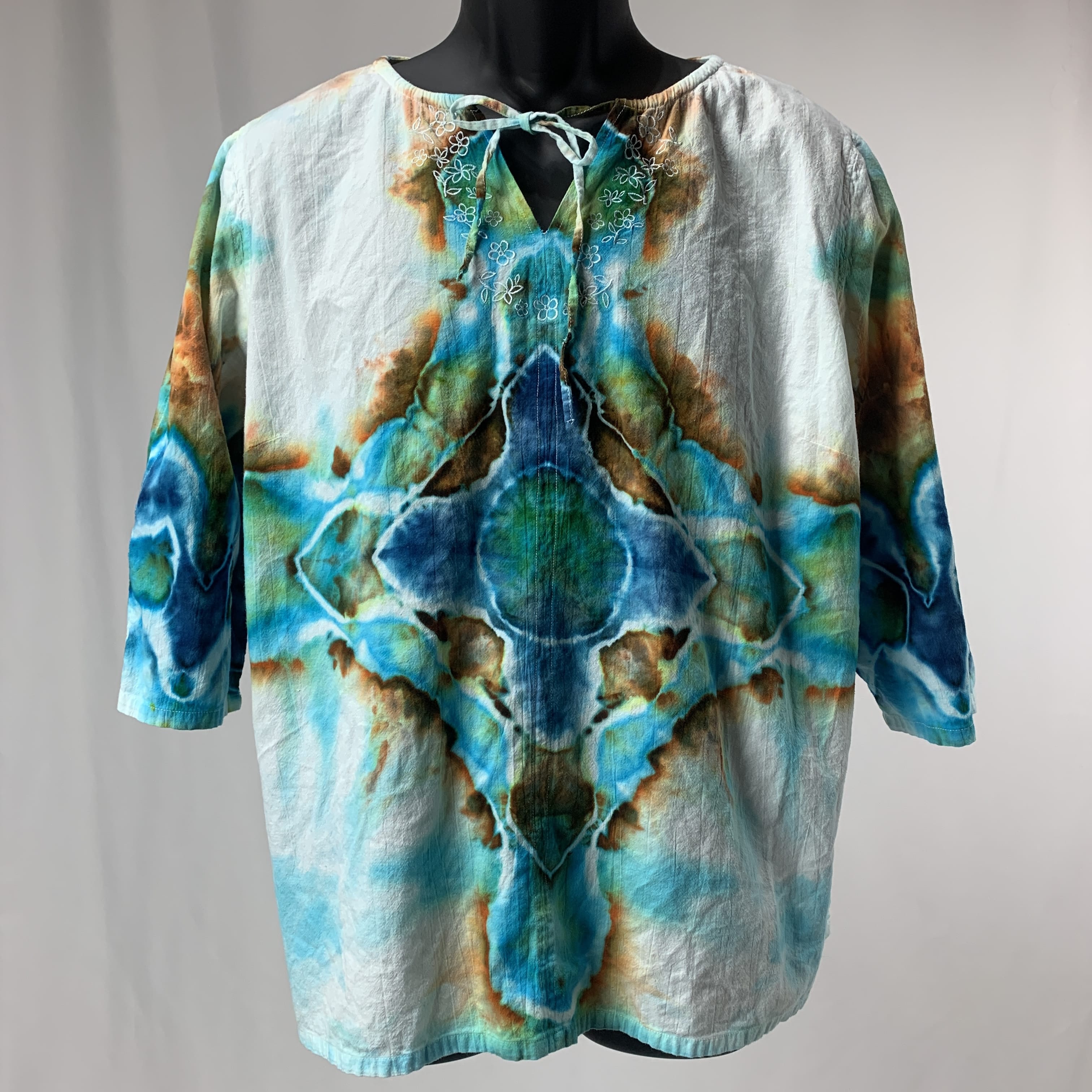 Lapis, Cerulean, and Bronze Cross | Upcycled 3/4 Length Sleeve Shirt | Size XXL-XXXL