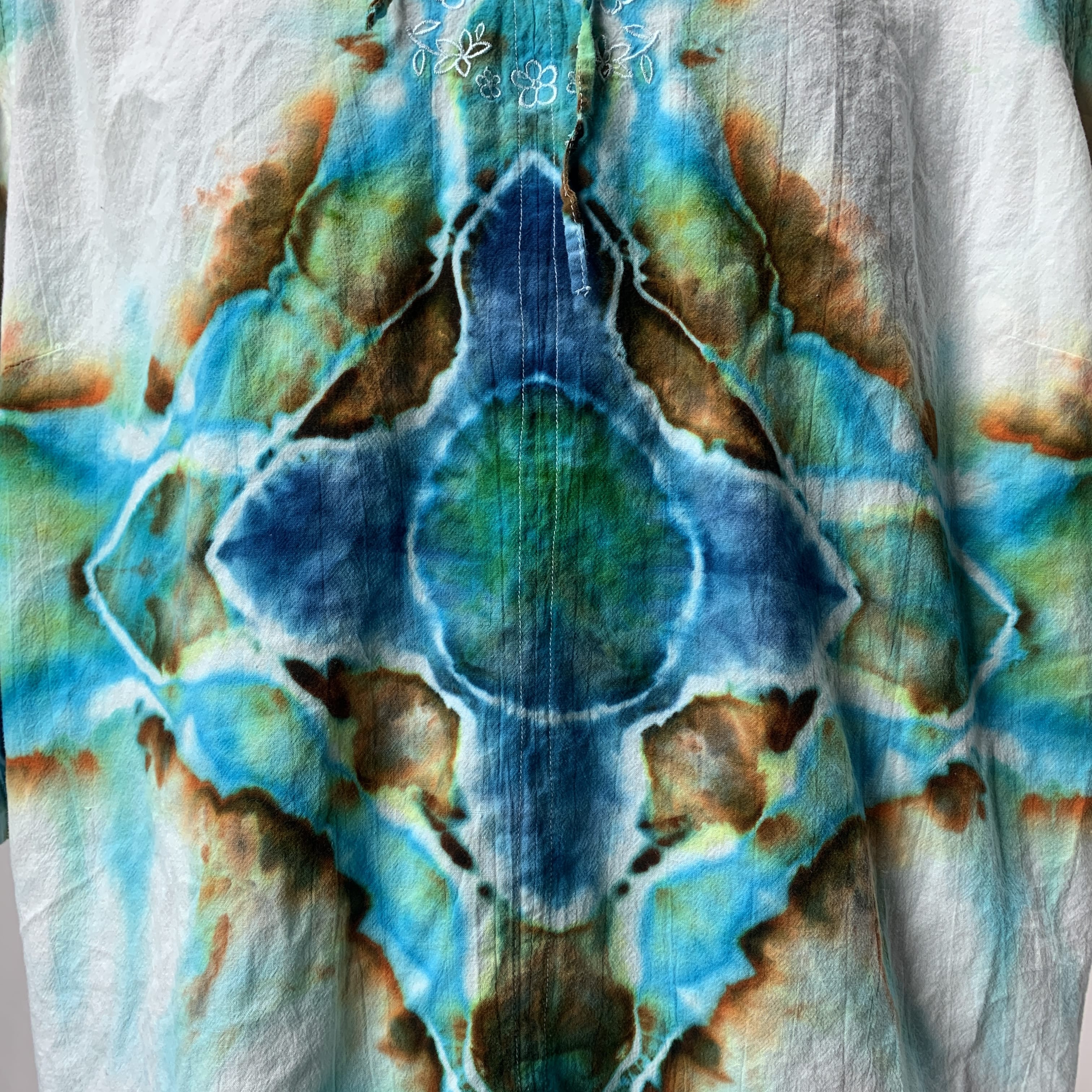 Lapis, Cerulean, and Bronze Cross | Upcycled 3/4 Length Sleeve Shirt | Size XXL-XXXL