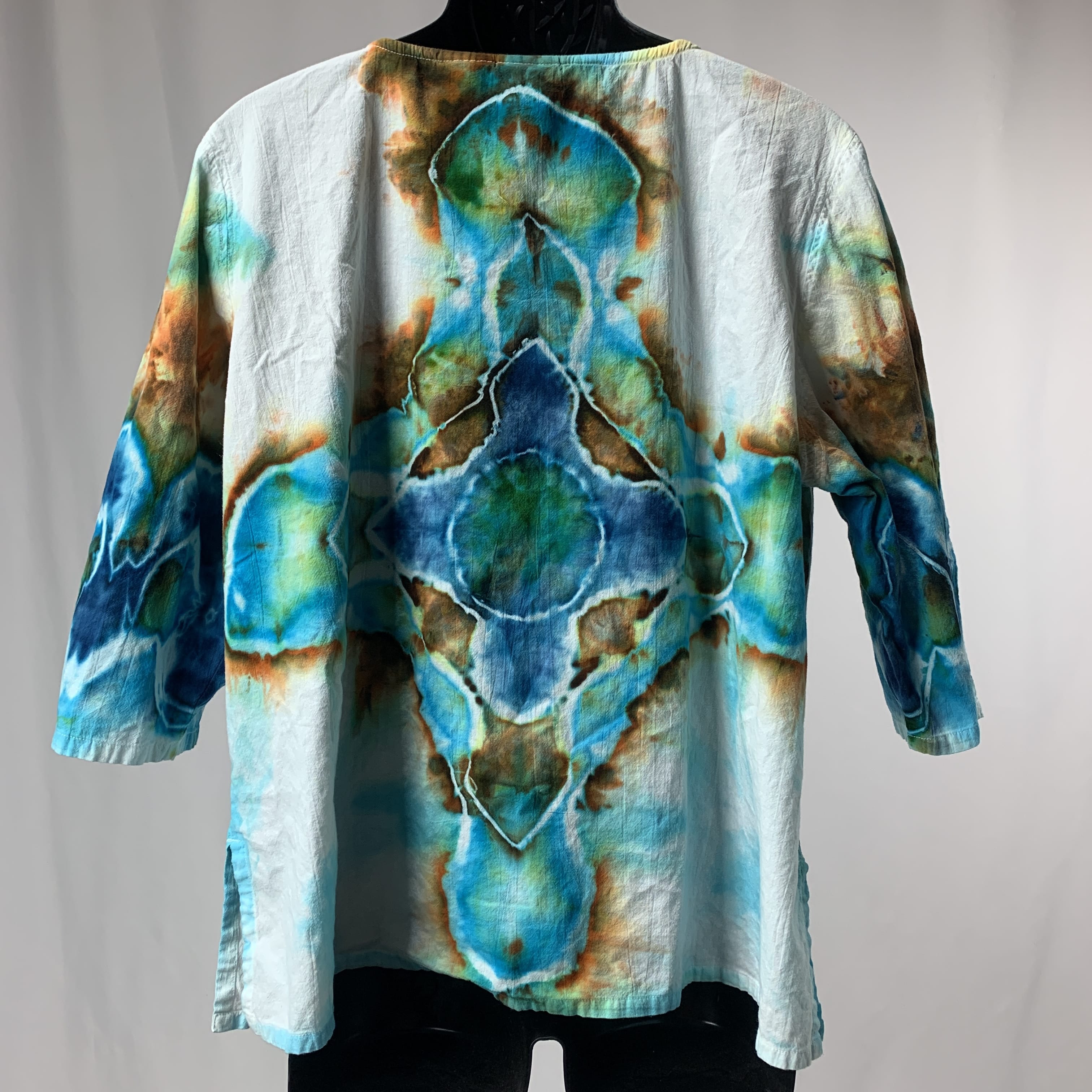 Lapis, Cerulean, and Bronze Cross | Upcycled 3/4 Length Sleeve Shirt | Size XXL-XXXL